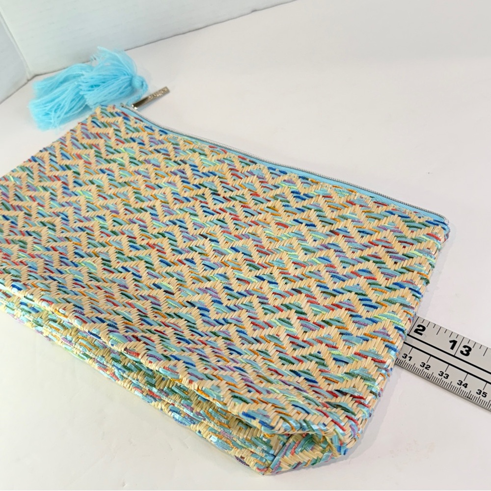 🆕 Lancome Luxe Woven Clutch – Aqua Tassel Zip Bag – Colorful Straw Weave 🆕 - Picture 7 of 16